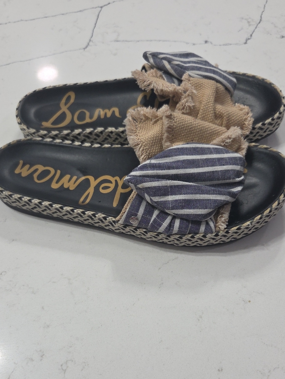 Sam Edelman Beige & Navy Striped Bow Slide Sandals Sz7 Gentle Used